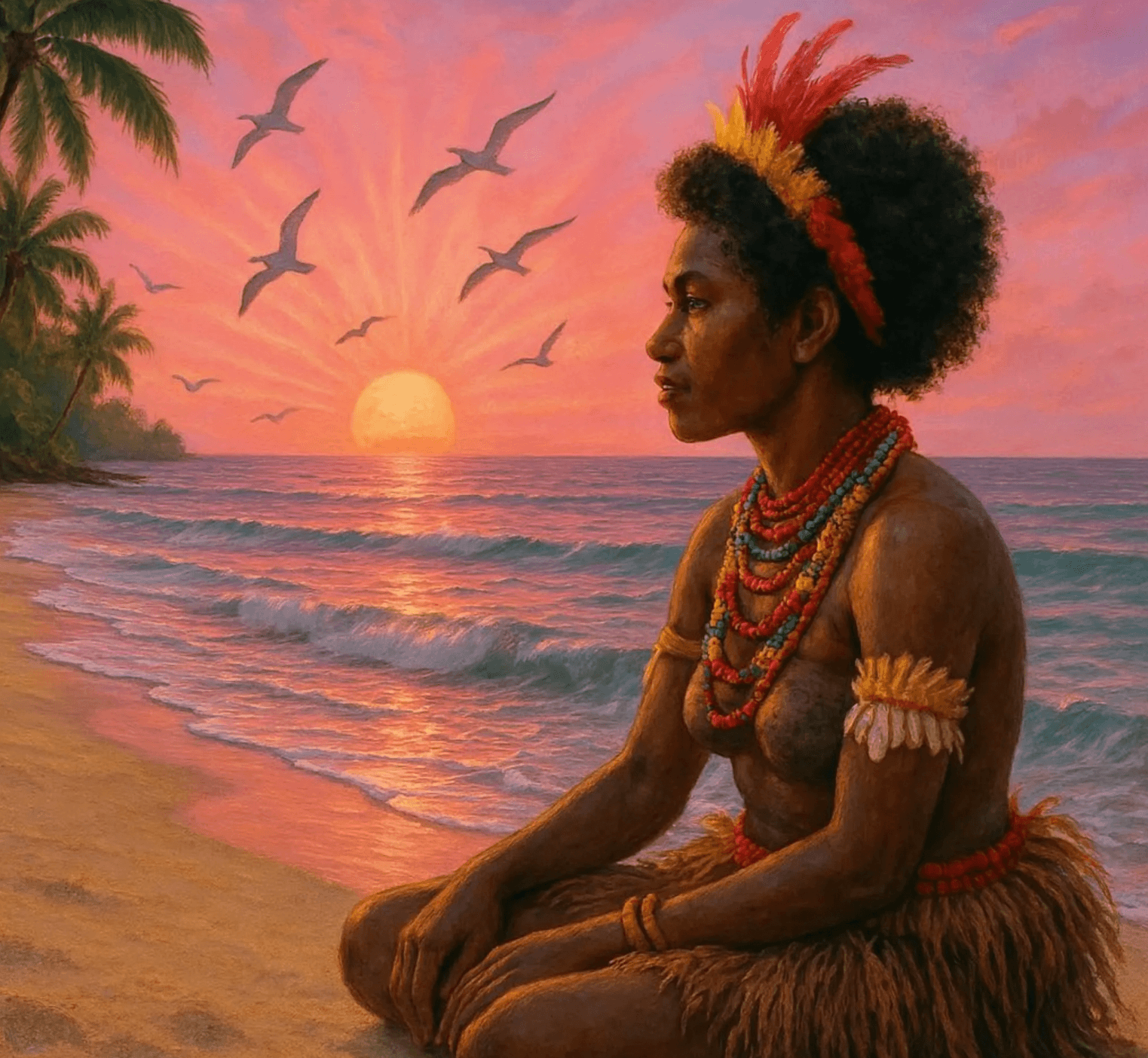 Young women seated on the beach