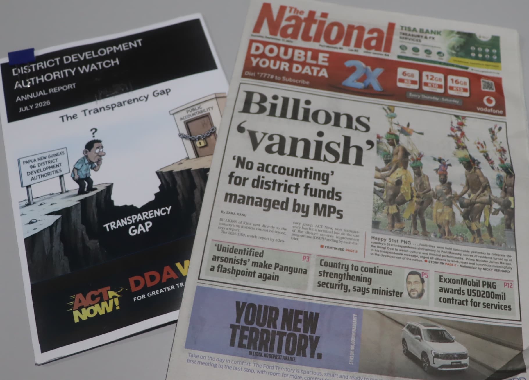 Front page from The National newspaper with the headline "Billions 'vanish'