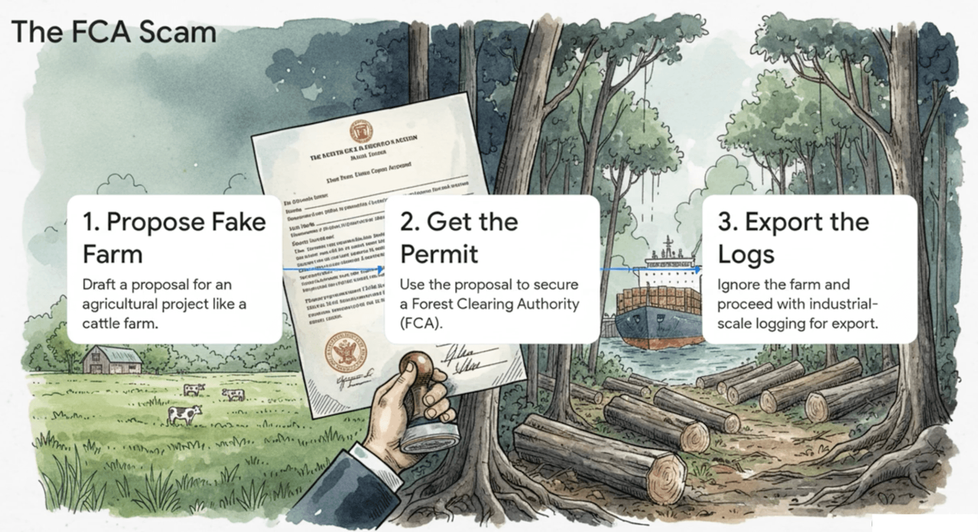 How FCAs are created, propose a fake farm, get a permit, clear the forest