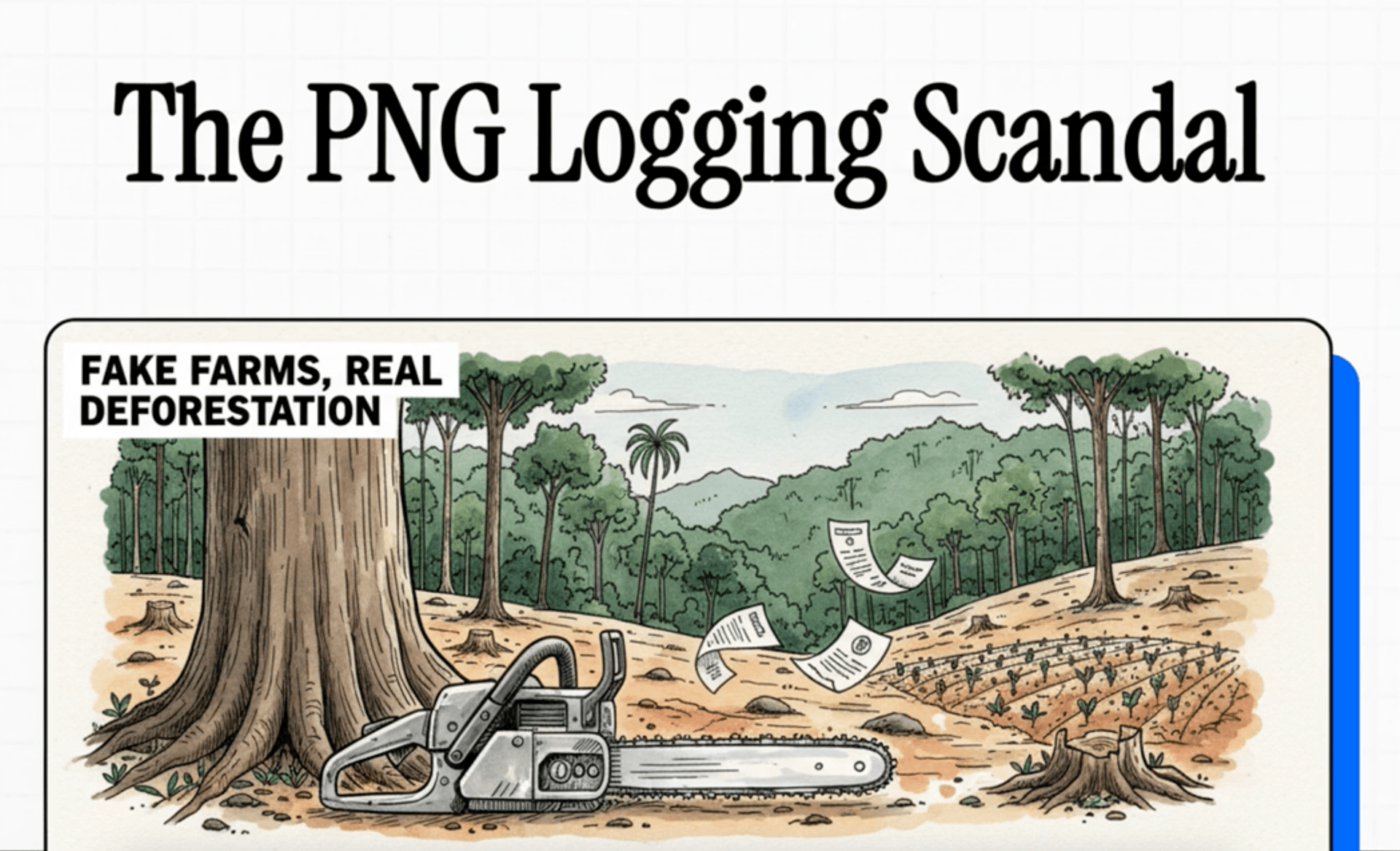 Drawing showing a tropical forest and a chainsaw with the title "The PNG Logging Scandal"