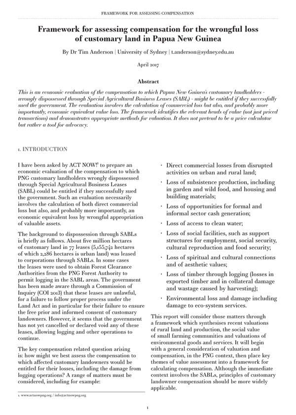 Framework for Assessing Compensation for the Wrongful Loss of Customary Land