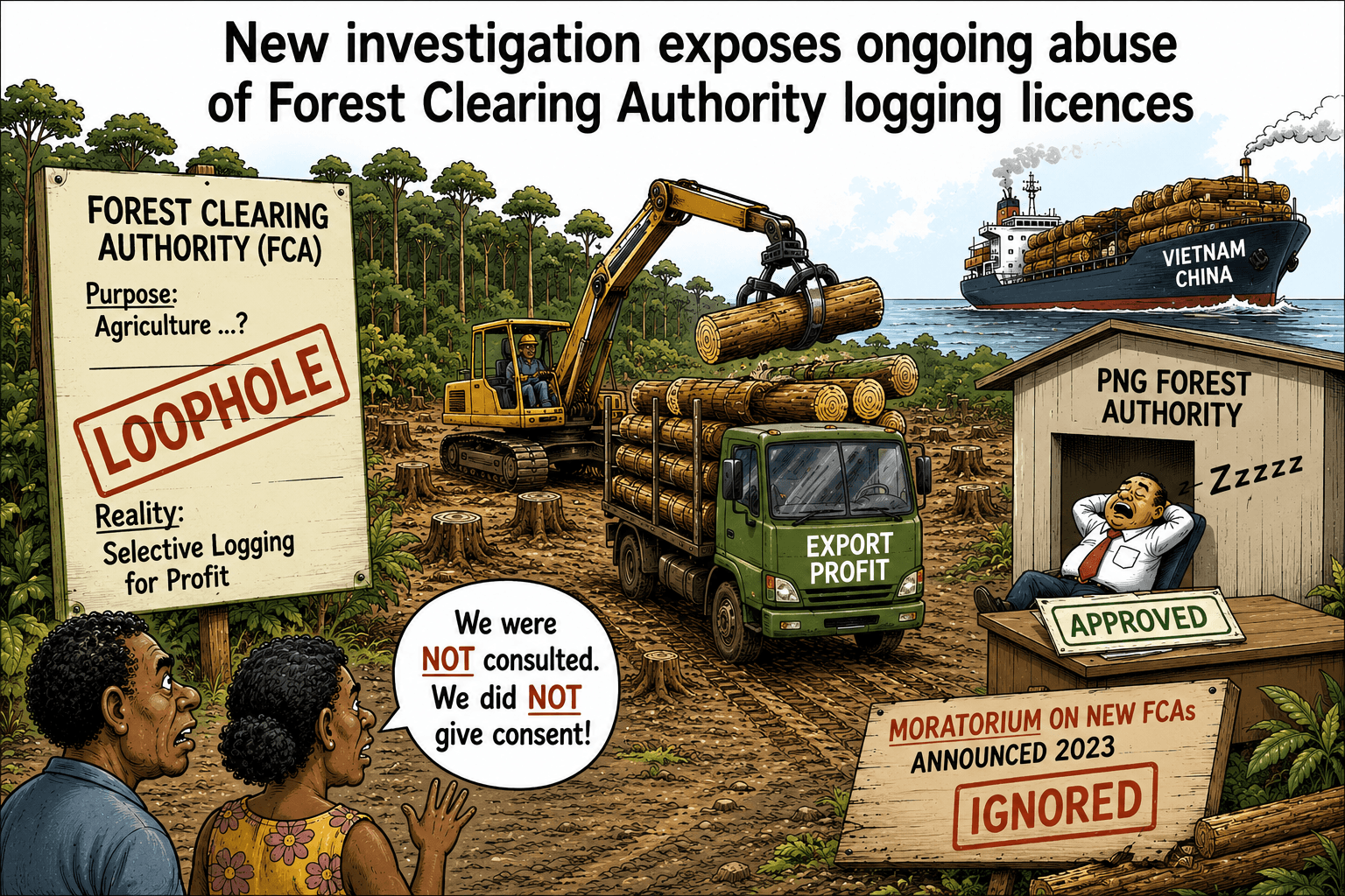 Cartoon drawing showing logging, a sleeping PNGFA and resource owner complaints