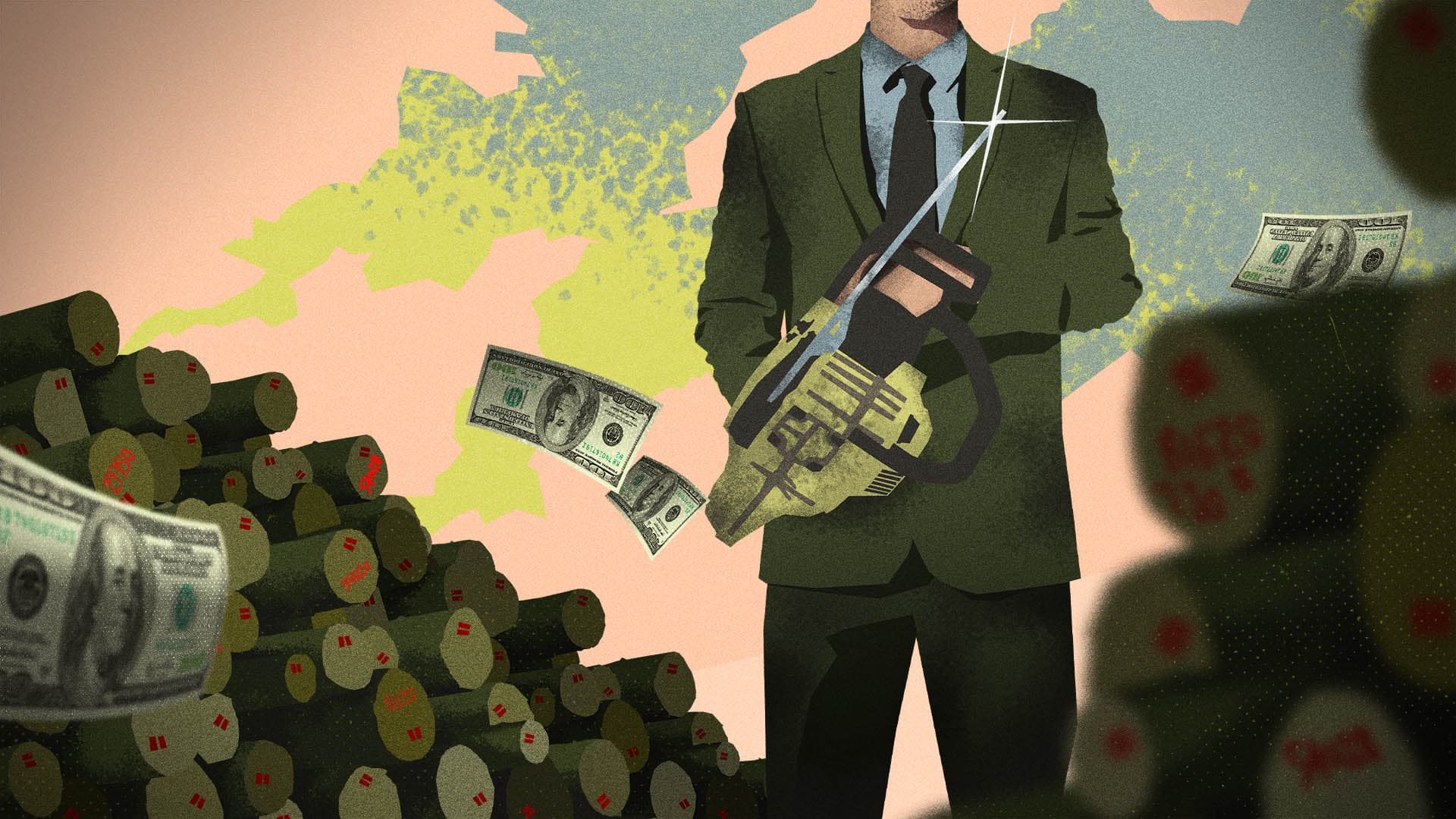 Stylised image of a business man with a chainsaw standing over a pile of logs