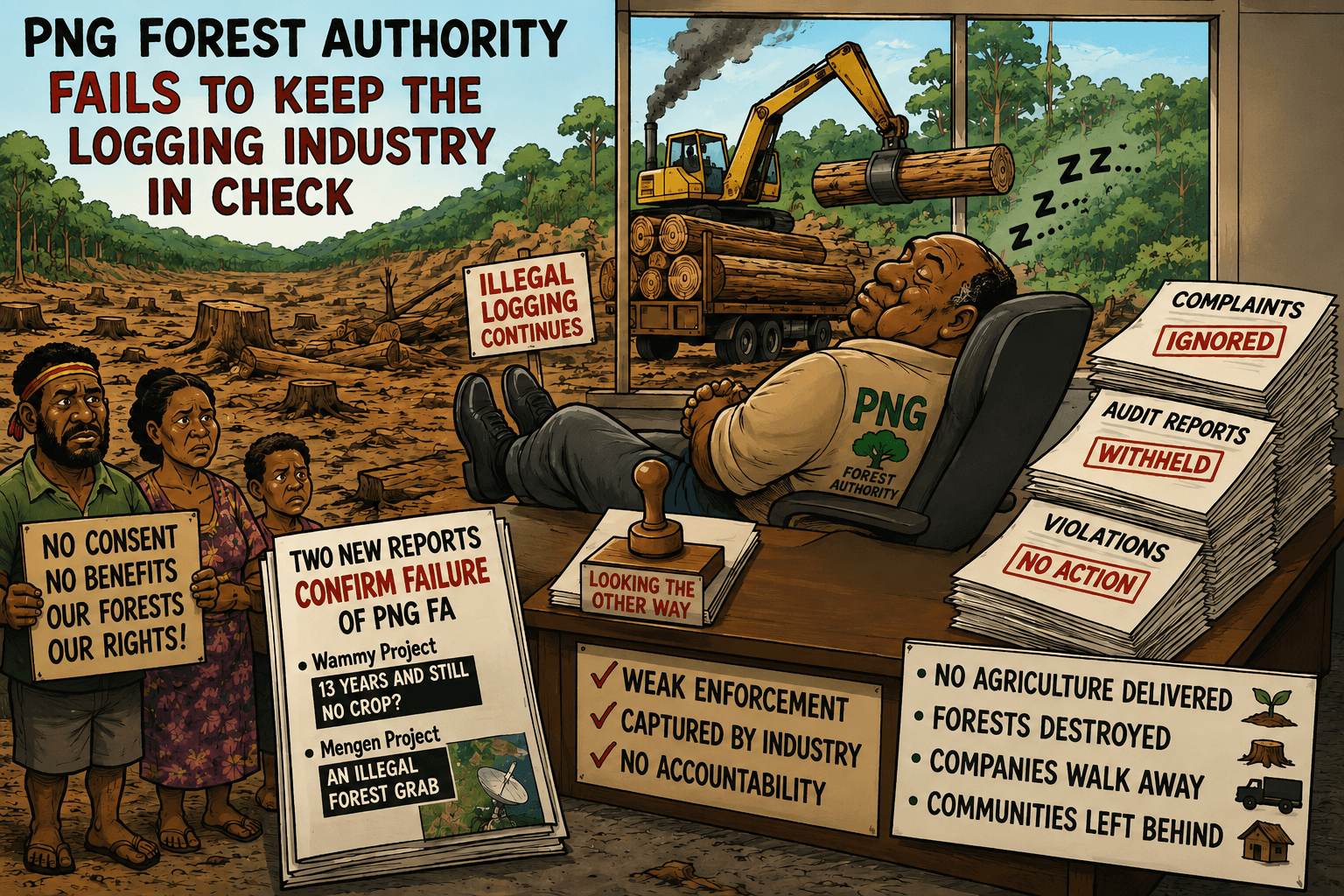 Cartoon showing the failures of the PNG Forest Authority