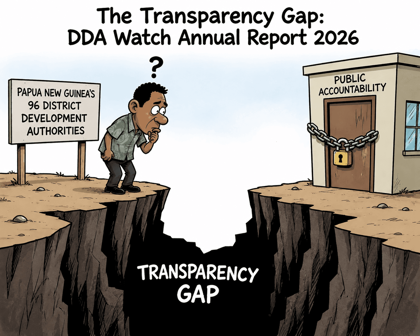 Cartoon showing the transparency gap as a canyon between the people on one side and good governance on the other