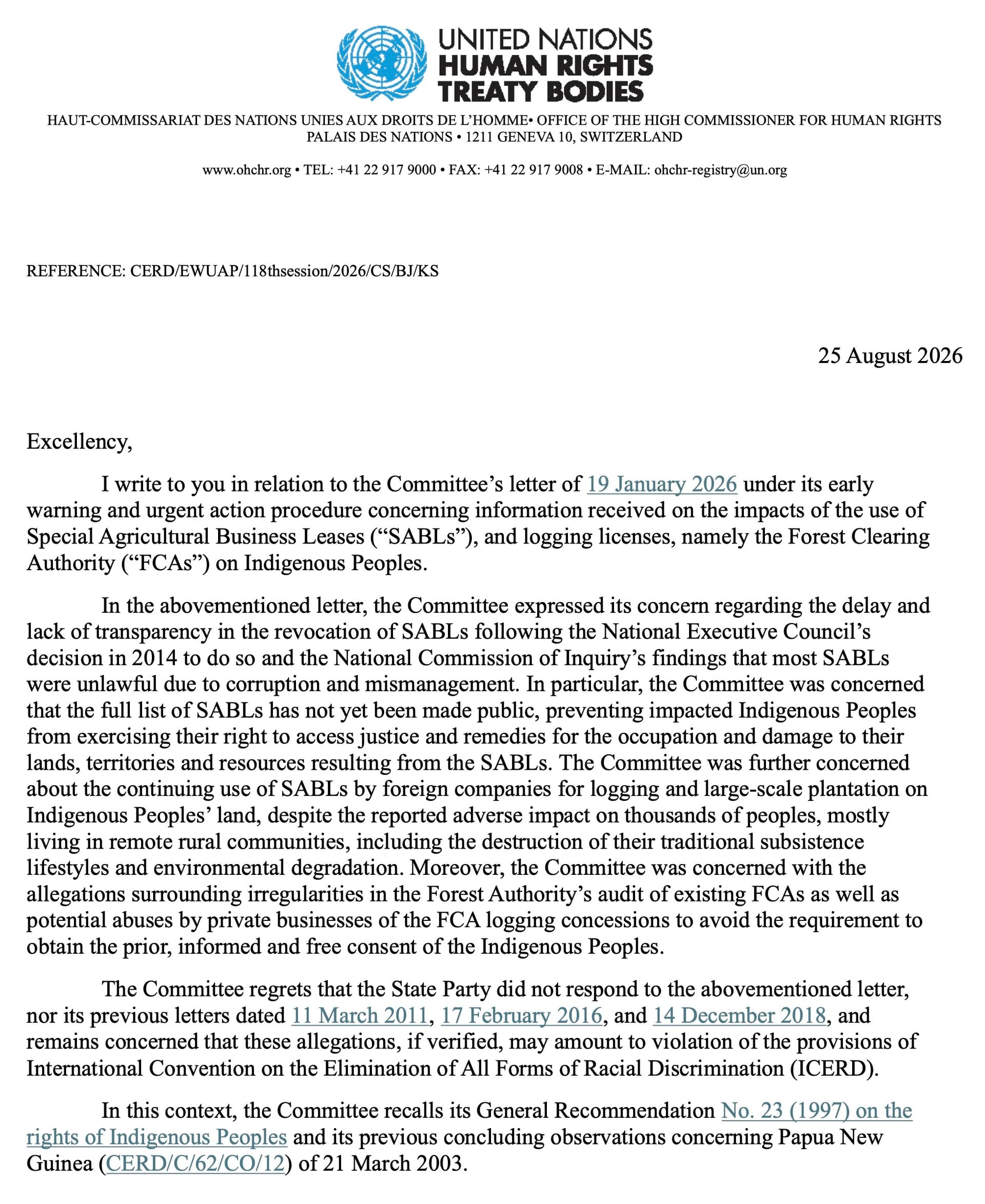 UN Committee AGAIN urges Papua New Guinea to act on unlawful land leases and logging abuses
