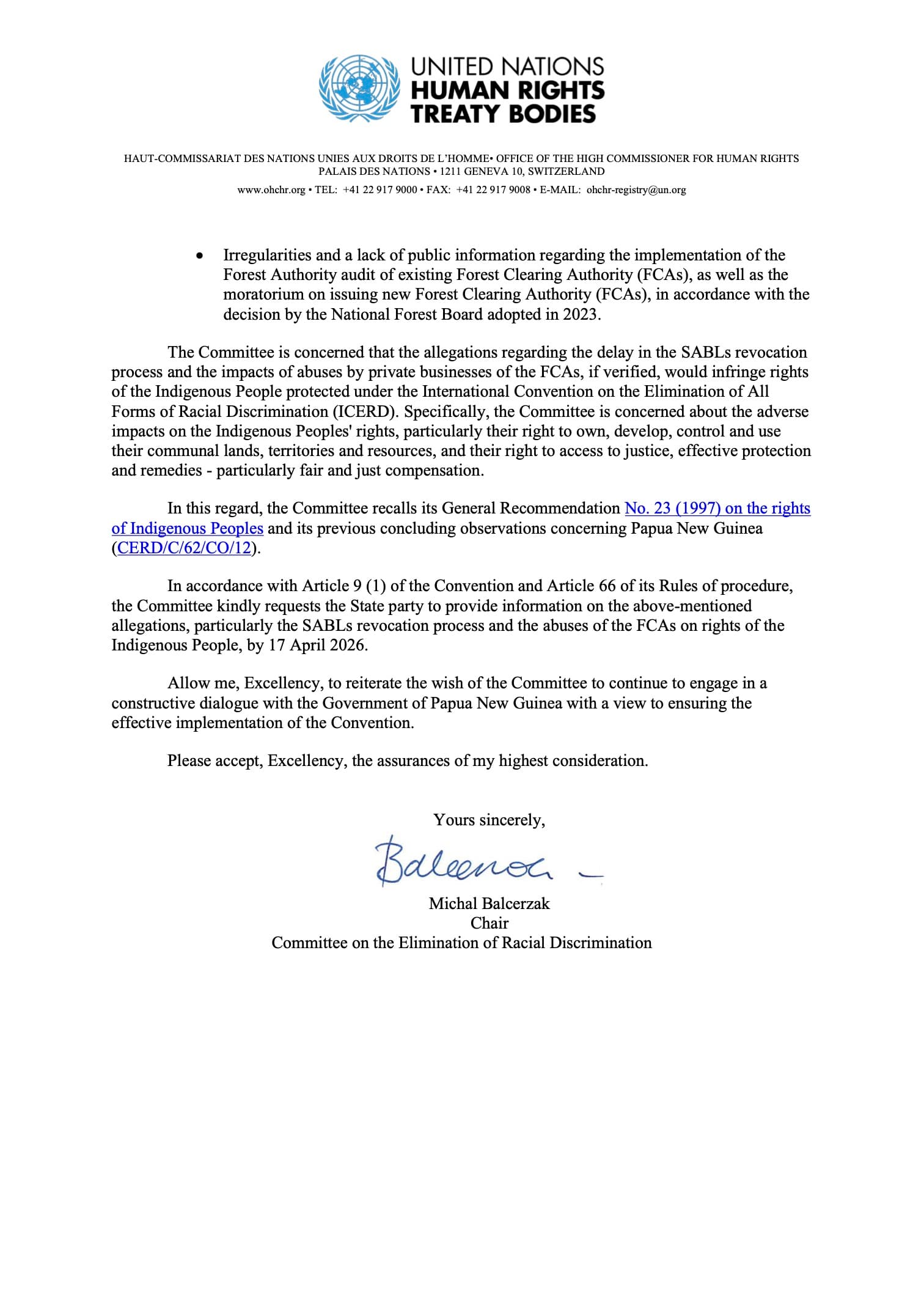 UN questions PNG Government on SABL leases and illegal FCA logging