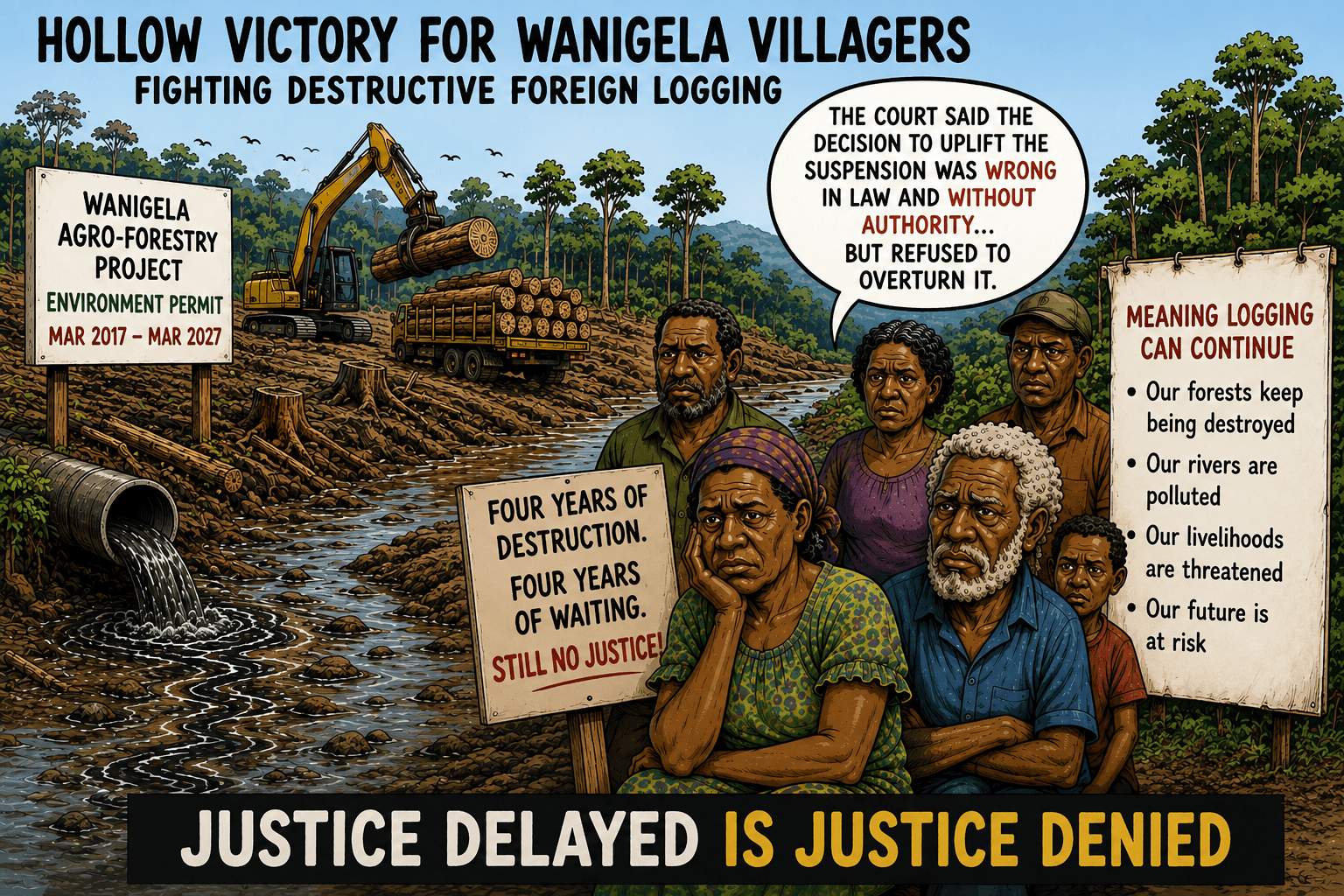Cartoon showing the plight of the Wanigela resource owners and their fight for justice